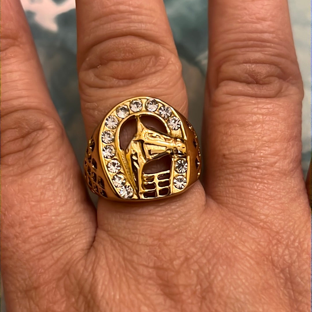 Gold Cz Horse Shoe Stainless Steel Ring
