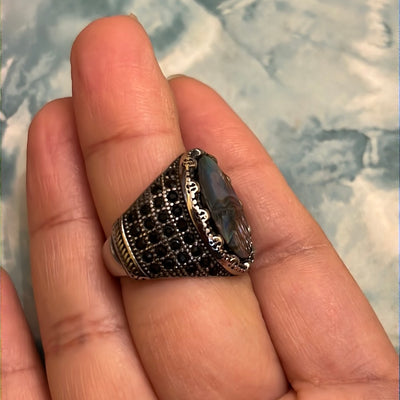 Abalone Shell w/ Black Cz Silver Stainless Steel Ring