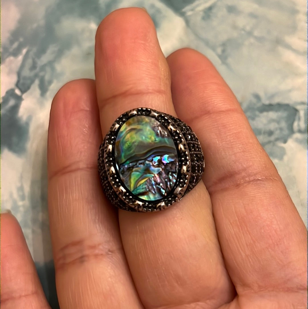 Abalone Shell w/ Black Cz Silver Stainless Steel Ring