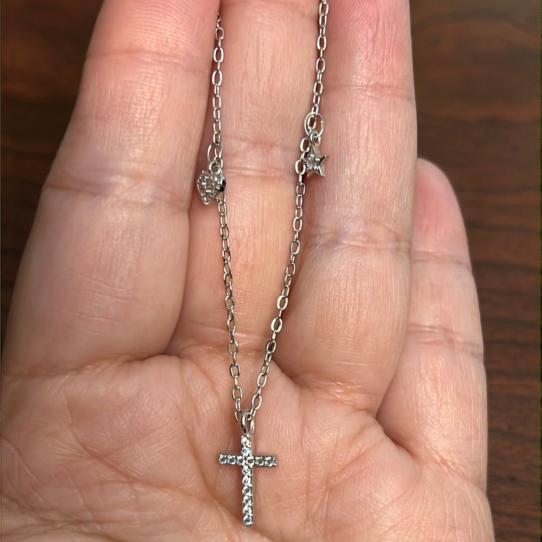 Cz Cross with Heart & Star Charm Necklace
