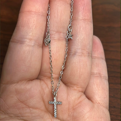 Cz Cross with Heart & Star Charm Necklace
