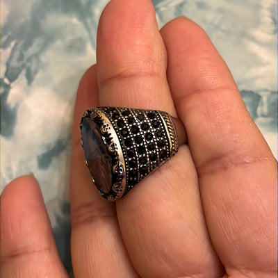 Abalone Shell w/ Black Cz Silver Stainless Steel Ring