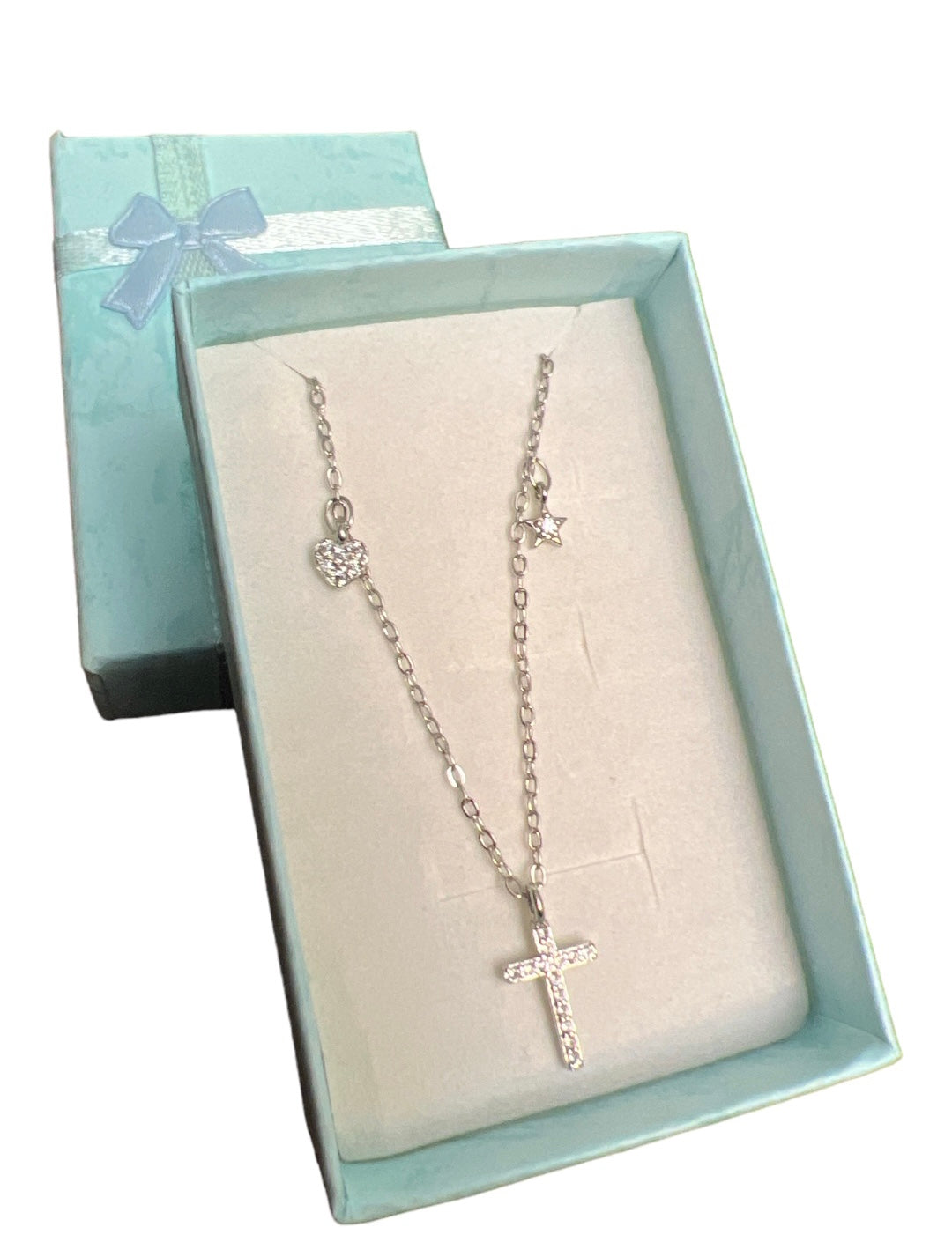 Cz Cross with Heart & Star Charm Necklace