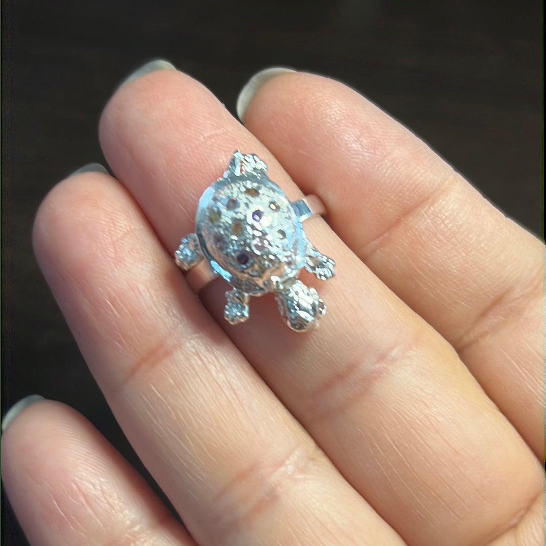 Dangle Cz Multicolor Turtle Ring