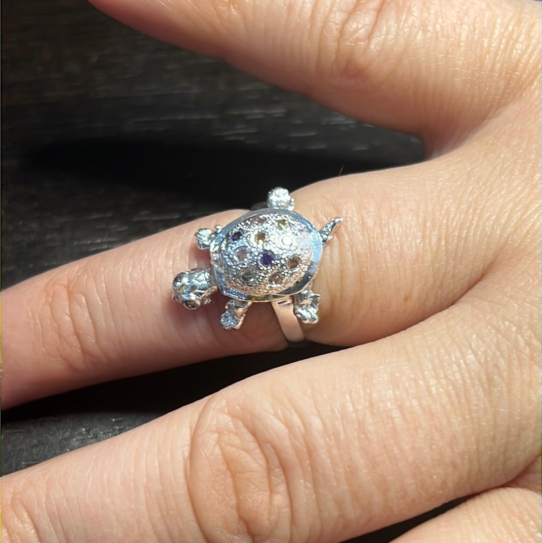 Dangle Cz Multicolor Turtle Ring