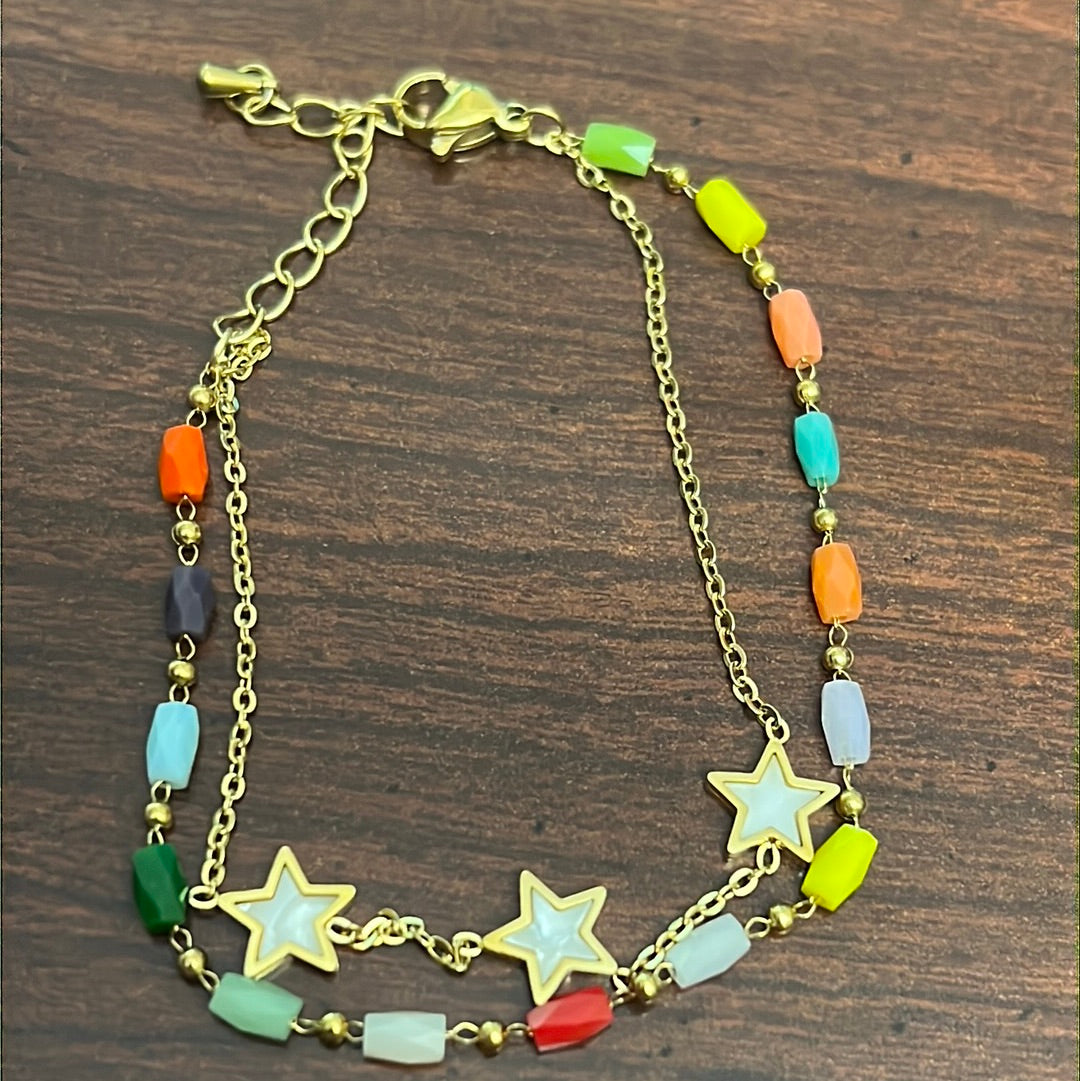 Double Chain Multi-Colors Bead with Stars 18k Gold Plated Stainless Steel Bracelet