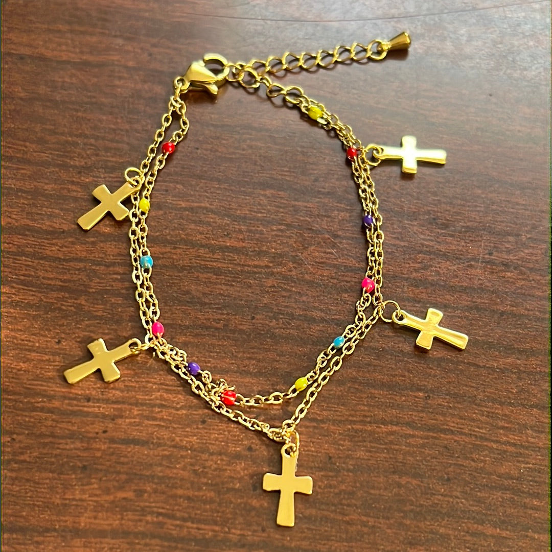Double Chain Dangle Crosses 18k Gold Plated Stainless Steel Bracelet