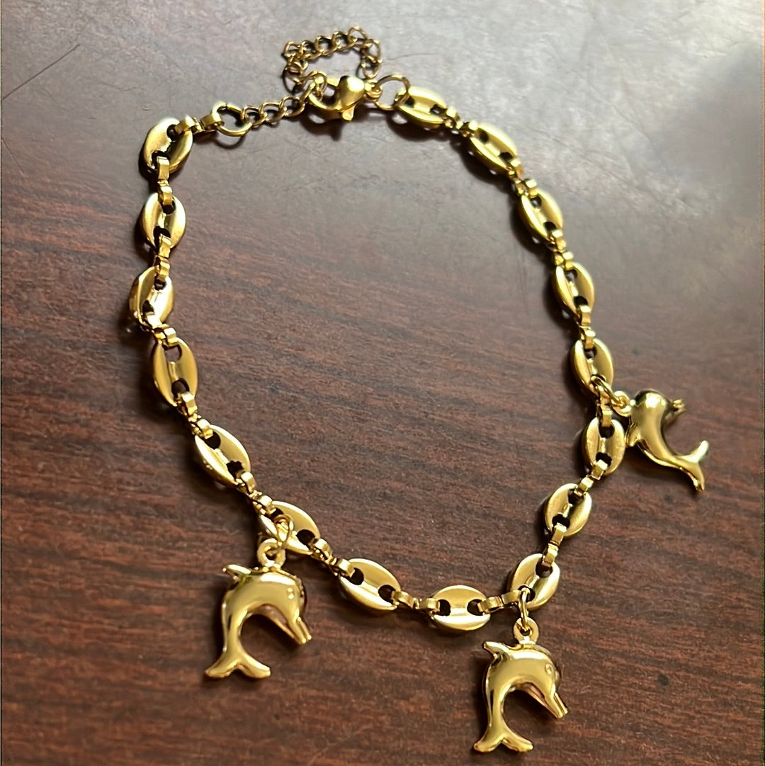 Dolphins Dangle Chain 18k Gold Plated Stainless Steel Bracelet
