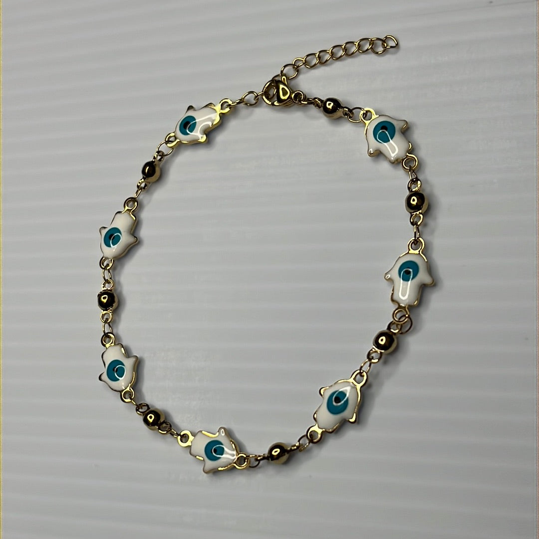 Hamsa White Evil Eye 18k Gold Plated Bracelet in Stainless Steel