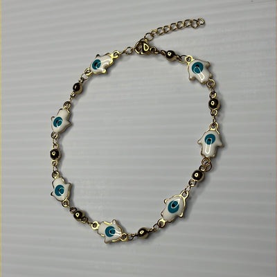 Hamsa White Evil Eye 18k Gold Plated Bracelet in Stainless Steel