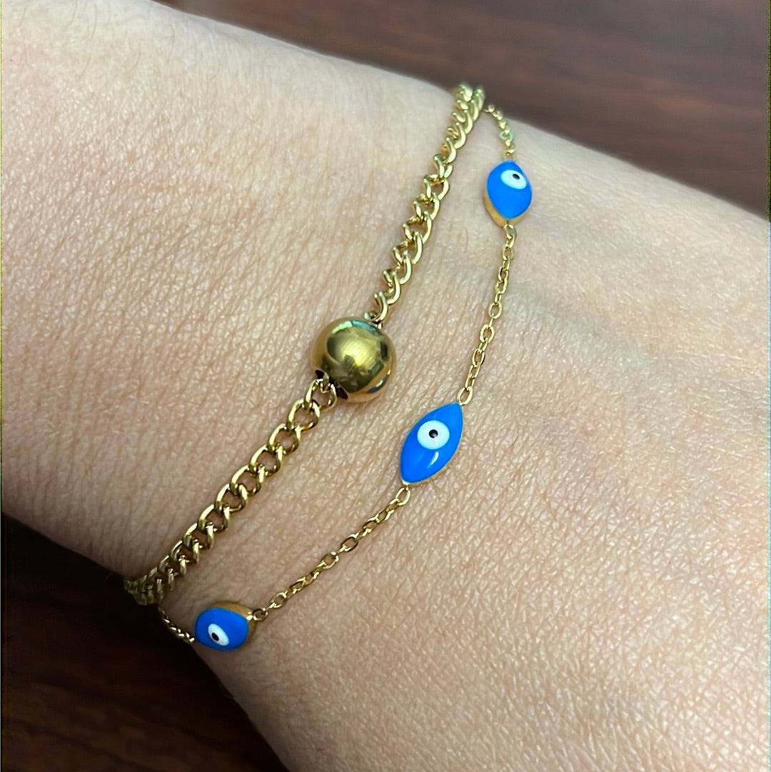 Double Chain Blue Evil Eye Stainless Steel Bracelet