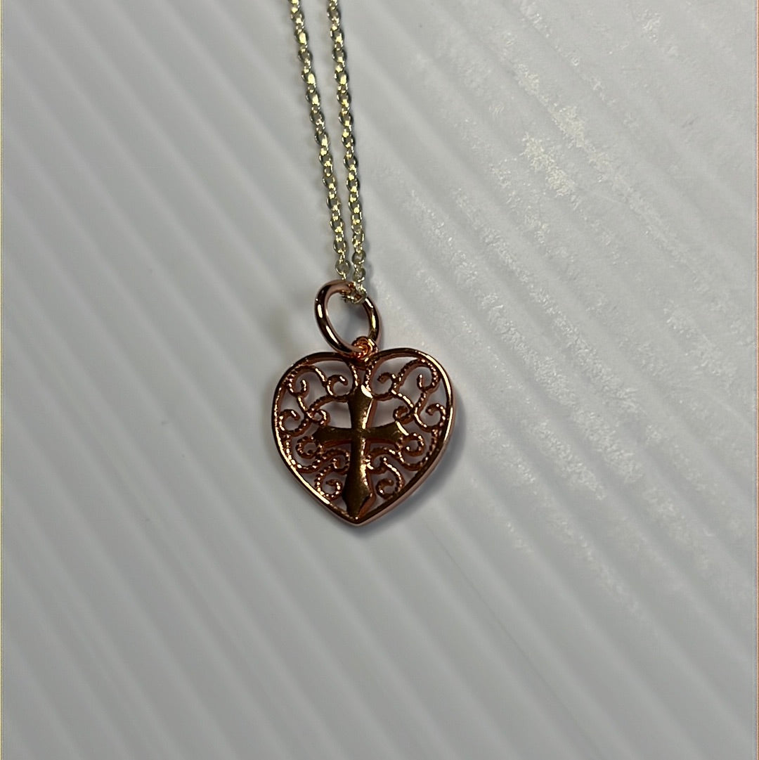 Rose Gold Heart Cross Pendant Necklace