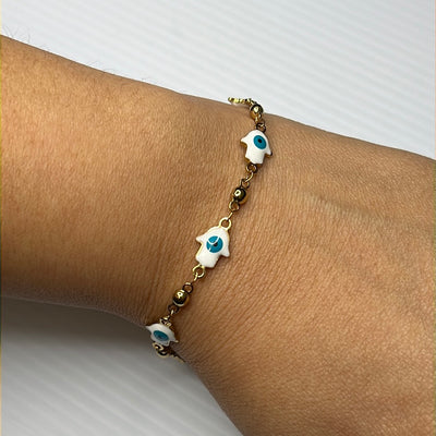 Hamsa White Evil Eye 18k Gold Plated Bracelet in Stainless Steel