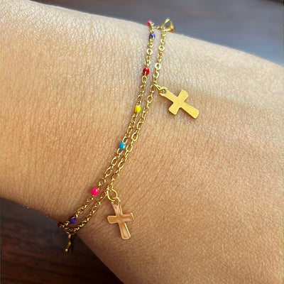 Double Chain Dangle Crosses 18k Gold Plated Stainless Steel Bracelet