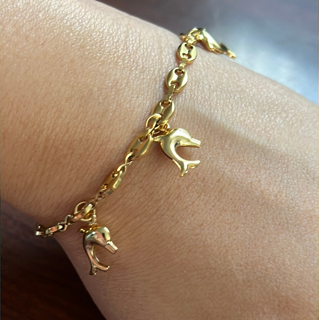 Dolphins Dangle Chain 18k Gold Plated Stainless Steel Bracelet