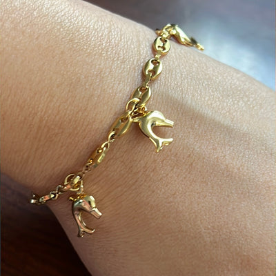 Dolphins Dangle Chain 18k Gold Plated Stainless Steel Bracelet