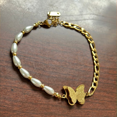Butterfly with Pearls 18k Gold Plated Stainless Steel Bracelet