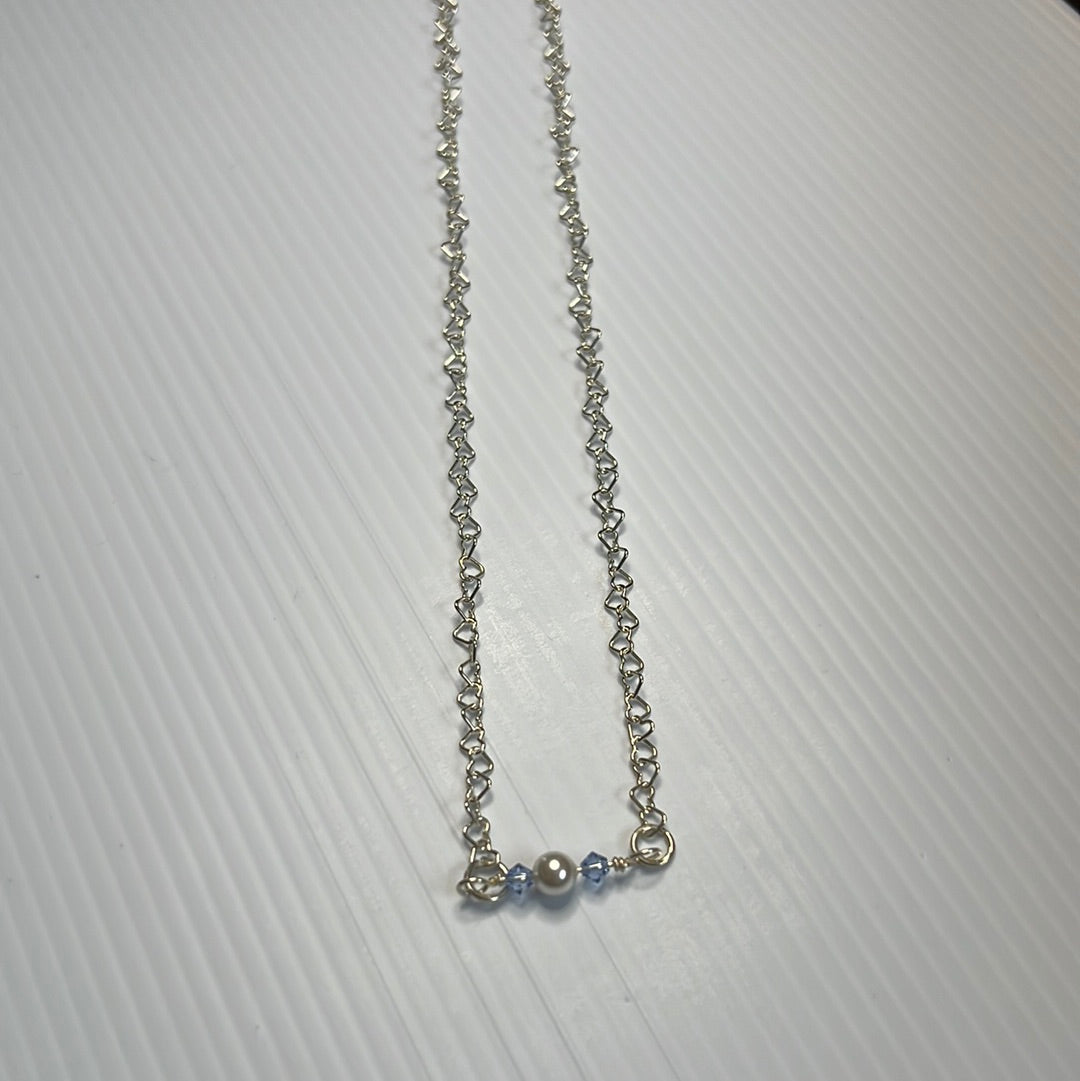 Blue w/Pearl Swarovski Hearts Necklace