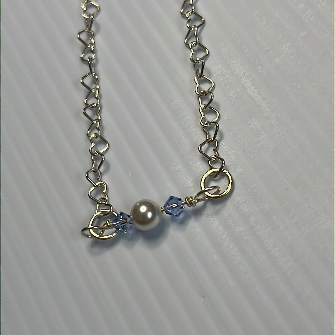 Blue w/Pearl Swarovski Hearts Necklace