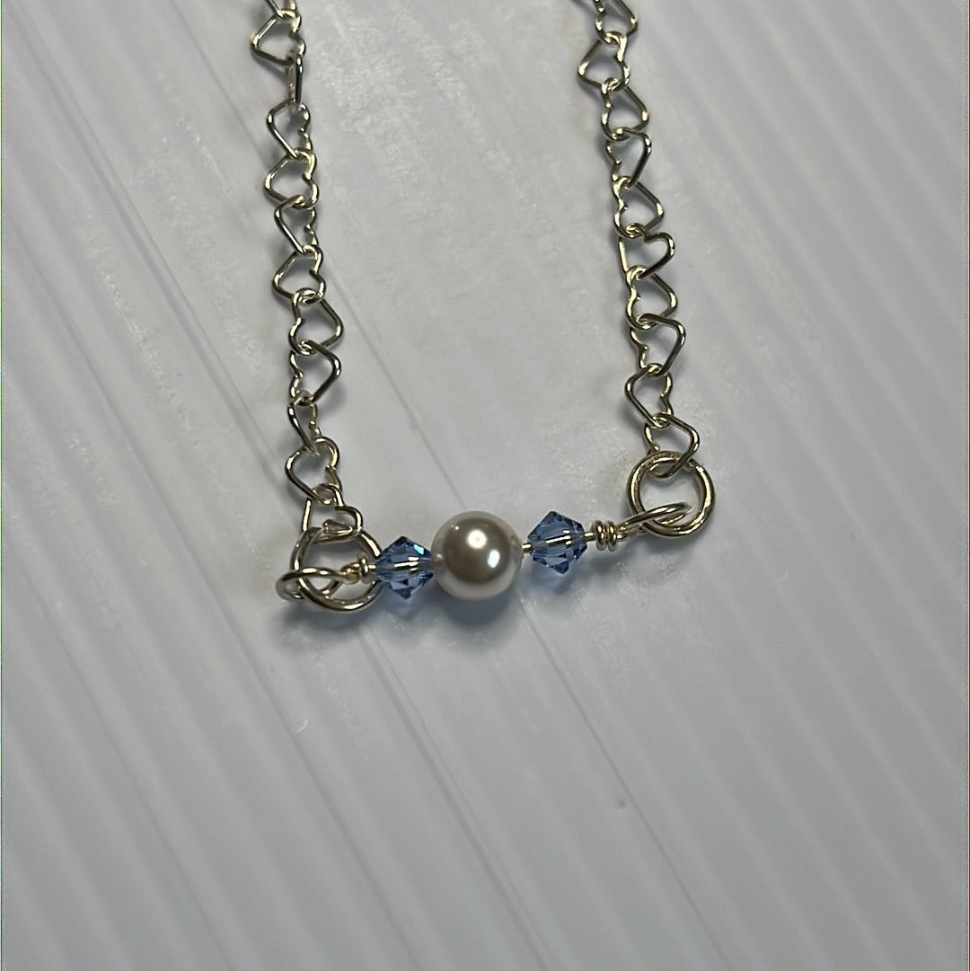 Blue w/Pearl Swarovski Hearts Necklace