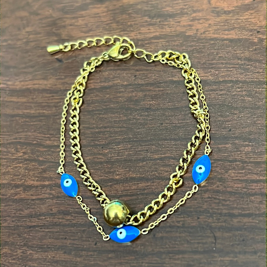 Double Chain Blue Evil Eye Stainless Steel Bracelet