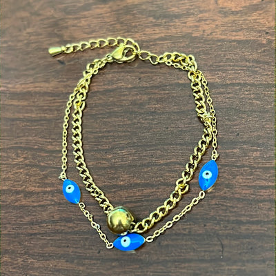 Double Chain Blue Evil Eye Stainless Steel Bracelet