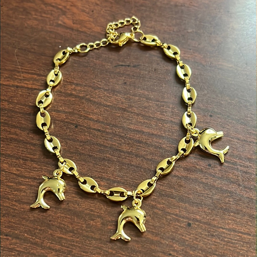 Dolphins Dangle Chain 18k Gold Plated Stainless Steel Bracelet