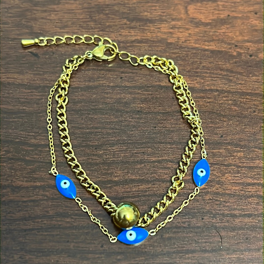 Double Chain Blue Evil Eye Stainless Steel Bracelet