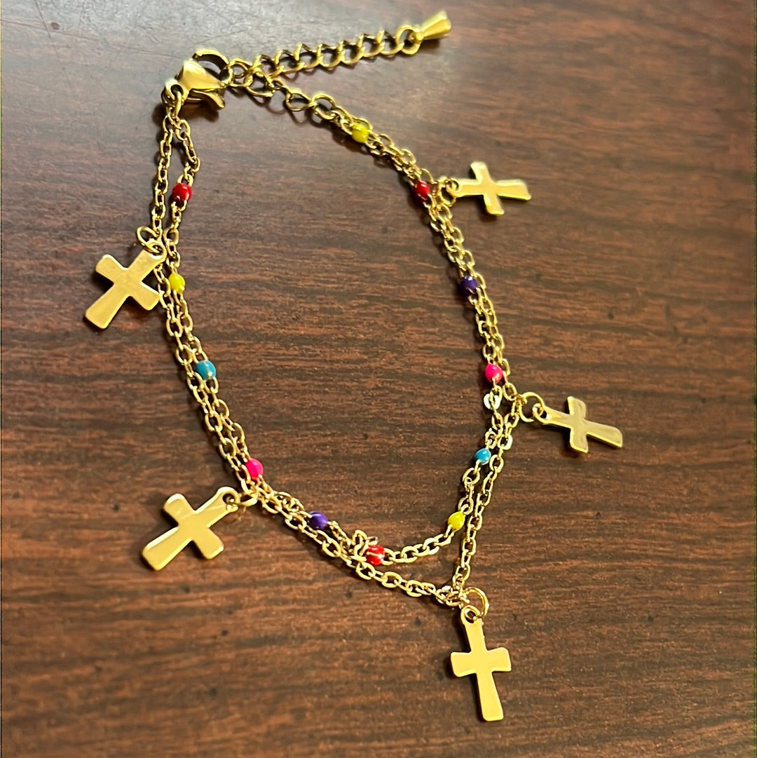 Double Chain Dangle Crosses 18k Gold Plated Stainless Steel Bracelet