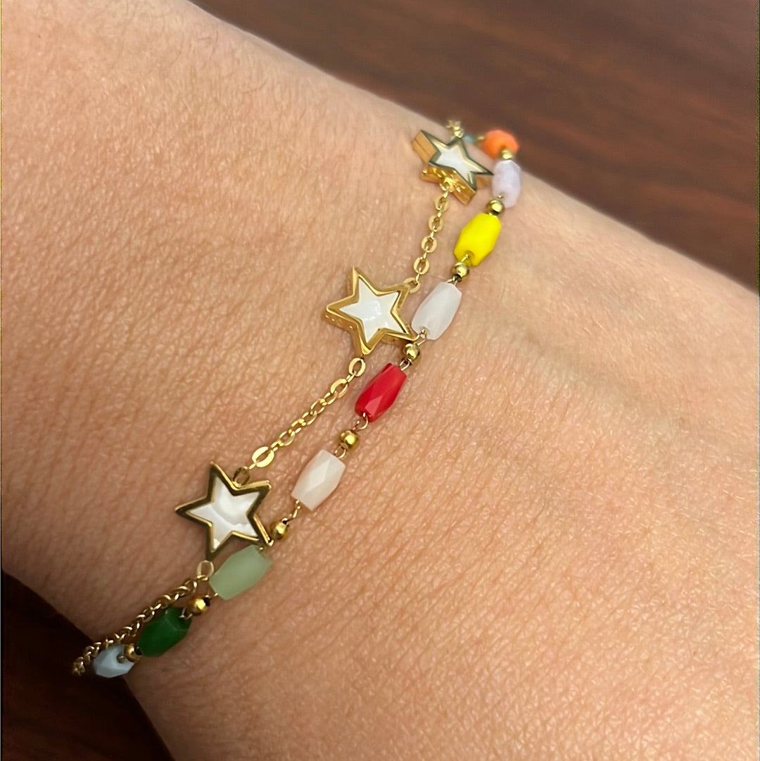 Double Chain Multi-Colors Bead with Stars 18k Gold Plated Stainless Steel Bracelet