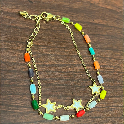Double Chain Multi-Colors Bead with Stars 18k Gold Plated Stainless Steel Bracelet