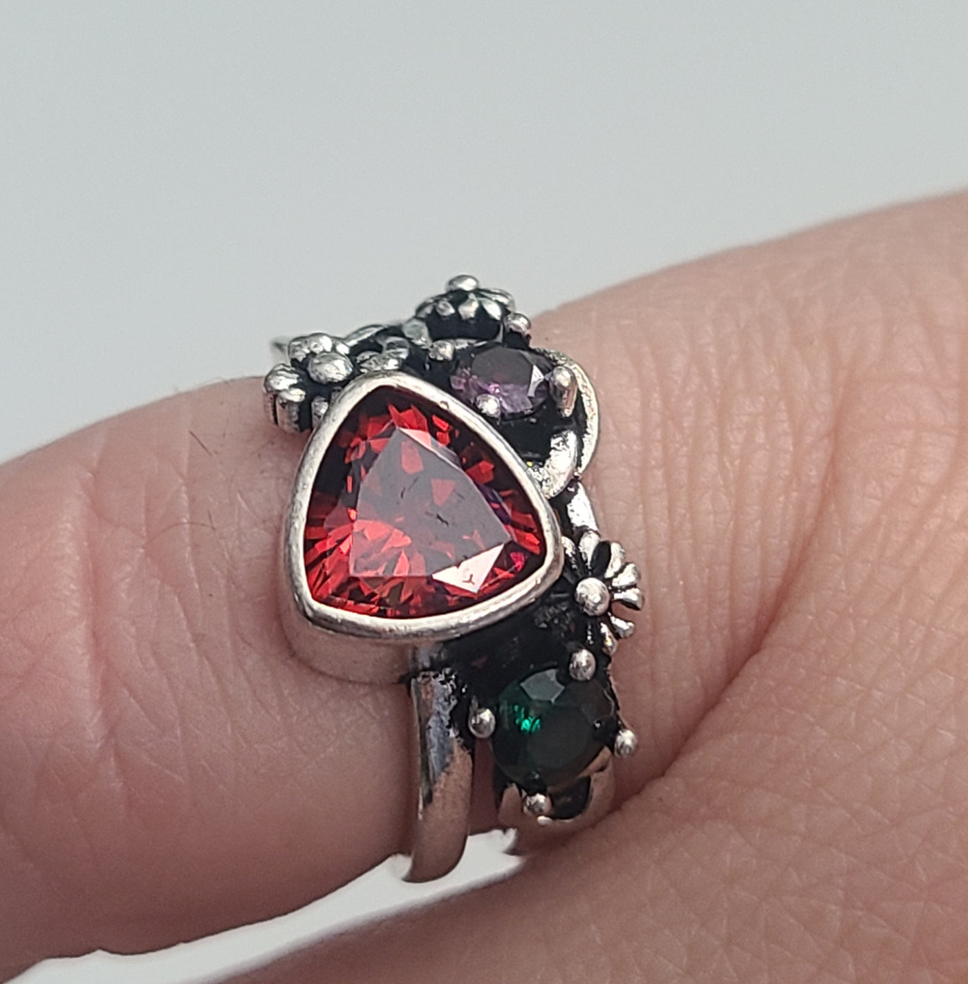 Red & Green Cz Adjustable Ring