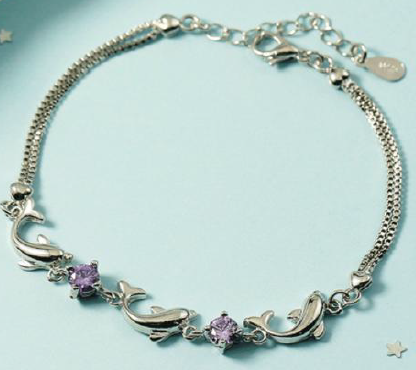 Silver Dolphin Purple CZ Bracelet