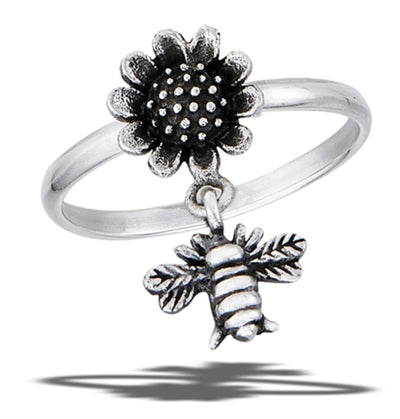 Sterling Silver Bumble Bee Hovering Near Sunflower Ring