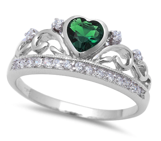 Emerald Heart And White Cubic Zirconia Ring
