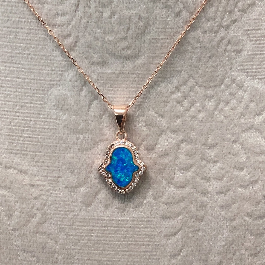 Rose Gold Blue Opal Cz Hamsa Necklace