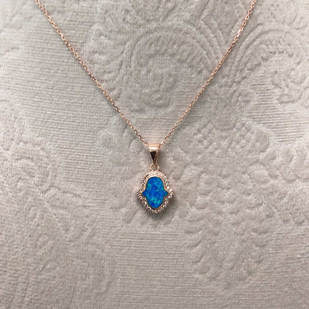 Rose Gold Blue Opal Cz Hamsa Necklace