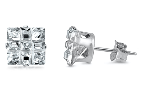 Invisible Cut Square Clear CZ Stud Earrings - Stamping